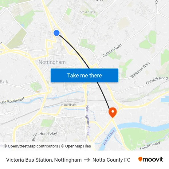 Victoria Bus Station, Nottingham to Notts County FC map