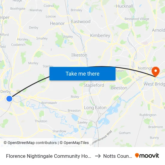 Florence Nightingale Community Hospital, Derby to Notts County FC map