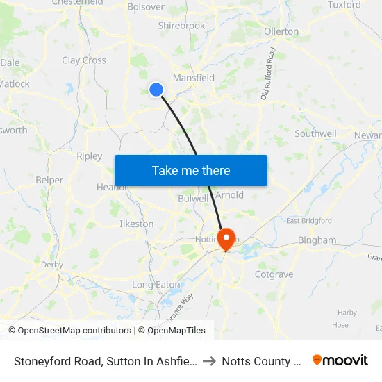Stoneyford Road, Sutton In Ashfield to Notts County FC map
