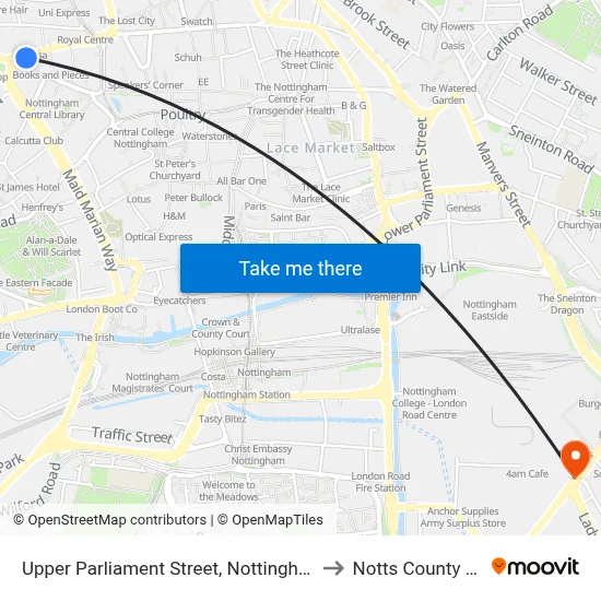 Upper Parliament Street, Nottingham to Notts County FC map