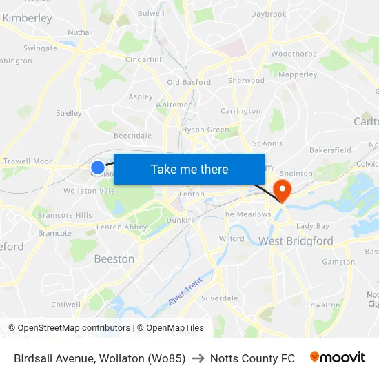 Birdsall Avenue, Wollaton (Wo85) to Notts County FC map