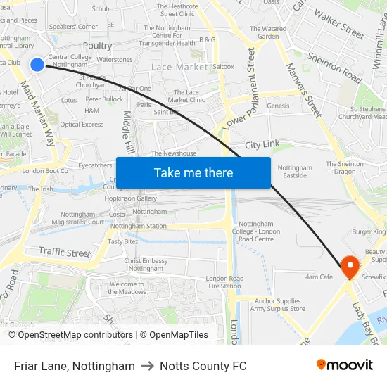 Friar Lane, Nottingham to Notts County FC map