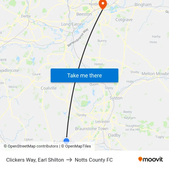 Clickers Way, Earl Shilton to Notts County FC map