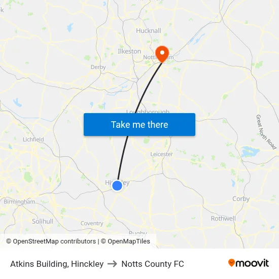 Atkins Building, Hinckley to Notts County FC map