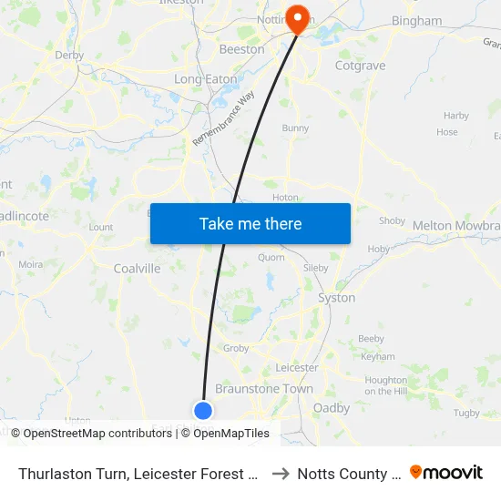 Thurlaston Turn, Leicester Forest West to Notts County FC map