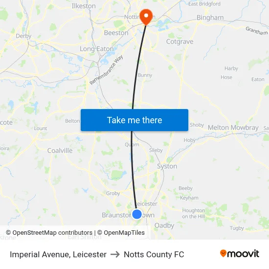 Imperial Avenue, Leicester to Notts County FC map