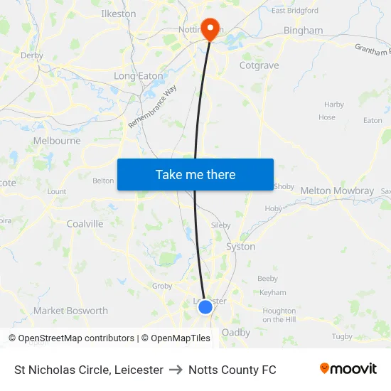 St Nicholas Circle, Leicester to Notts County FC map