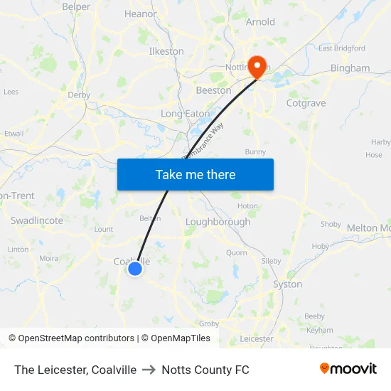 The Leicester, Coalville to Notts County FC map