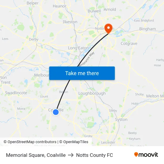 Memorial Square, Coalville to Notts County FC map