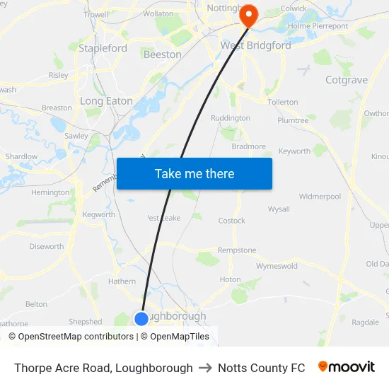 Thorpe Acre Road, Loughborough to Notts County FC map