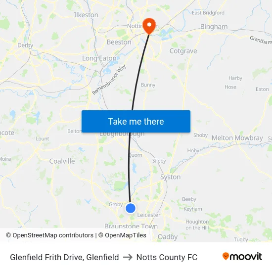 Glenfield Frith Drive, Glenfield to Notts County FC map