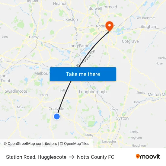 Station Road, Hugglescote to Notts County FC map
