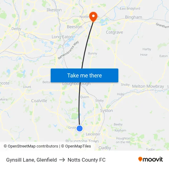 Gynsill Lane, Glenfield to Notts County FC map