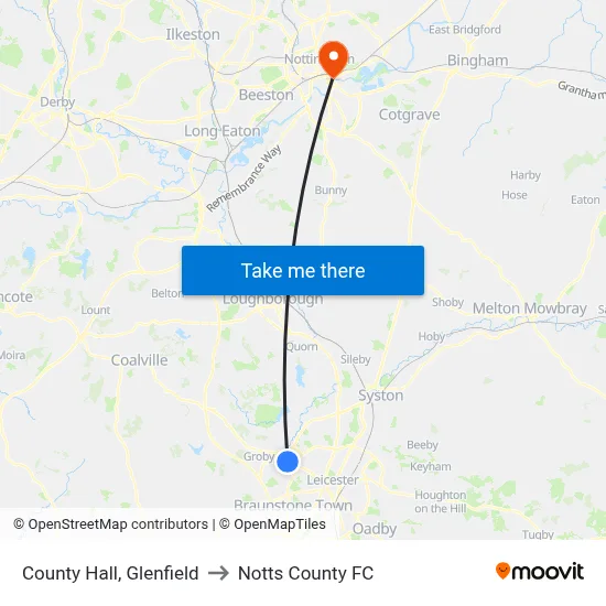 County Hall, Glenfield to Notts County FC map