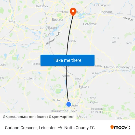 Garland Crescent, Leicester to Notts County FC map