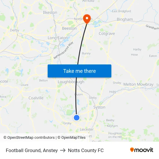 Football Ground, Anstey to Notts County FC map