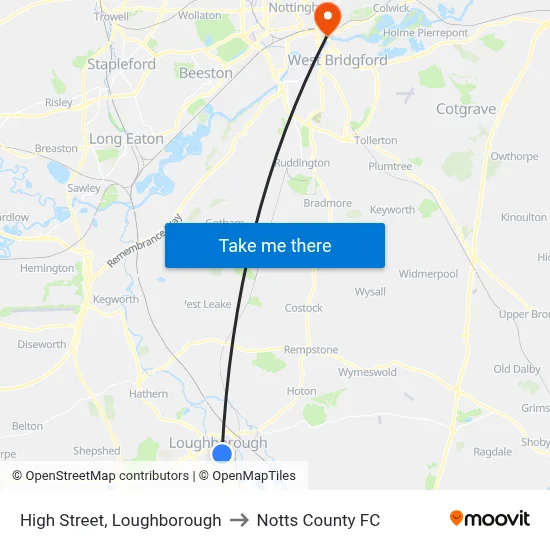High Street, Loughborough to Notts County FC map