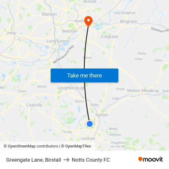 Greengate Lane, Birstall to Notts County FC map