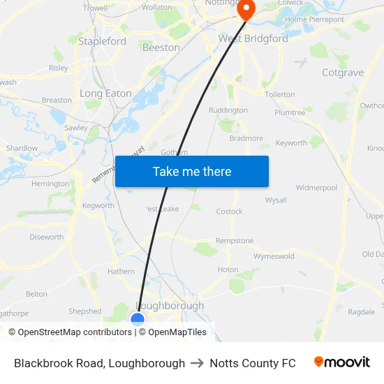 Blackbrook Road, Loughborough to Notts County FC map