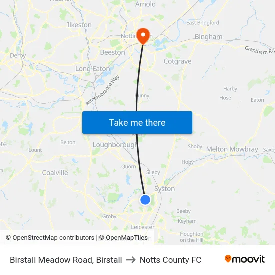 Birstall Meadow Road, Birstall to Notts County FC map