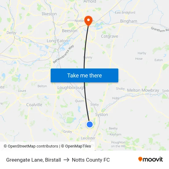 Greengate Lane, Birstall to Notts County FC map