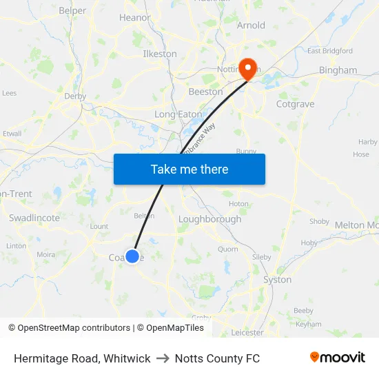 Hermitage Road, Whitwick to Notts County FC map