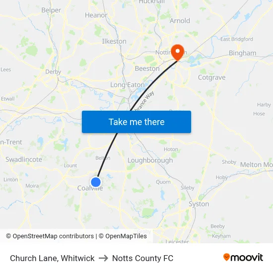 Church Lane, Whitwick to Notts County FC map