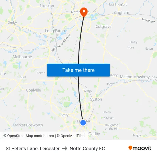 St Peter's Lane, Leicester to Notts County FC map