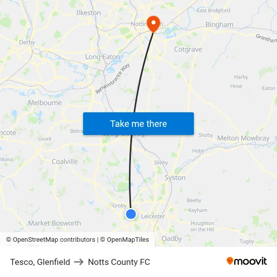 Tesco, Glenfield to Notts County FC map