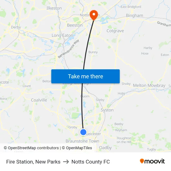 Fire Station, New Parks to Notts County FC map