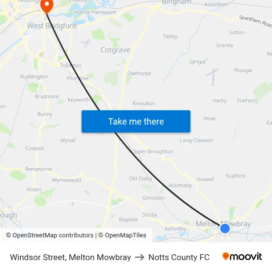 Windsor Street, Melton Mowbray to Notts County FC map