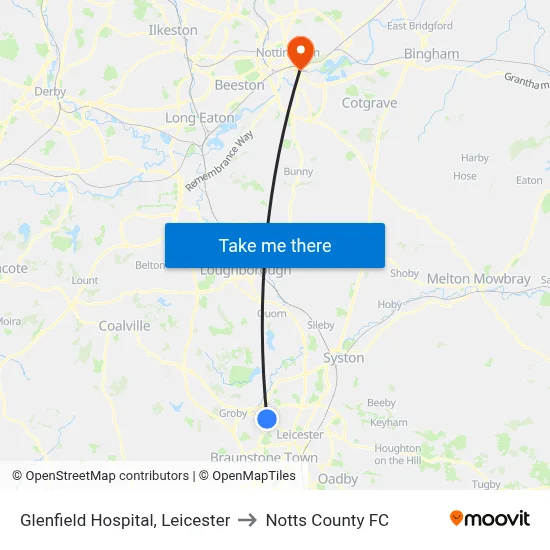 Glenfield Hospital, Leicester to Notts County FC map
