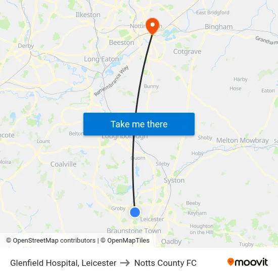 Glenfield Hospital, Leicester to Notts County FC map