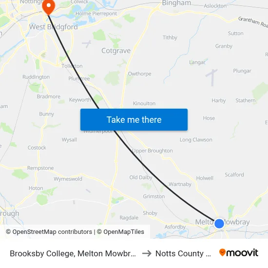 Brooksby College, Melton Mowbray to Notts County FC map