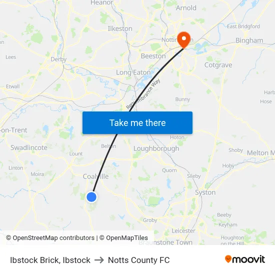 Ibstock Brick, Ibstock to Notts County FC map