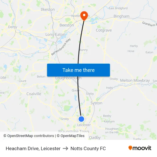 Heacham Drive, Leicester to Notts County FC map