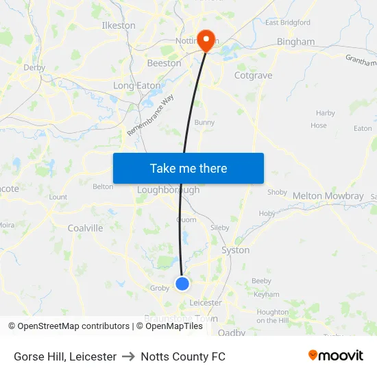 Gorse Hill, Leicester to Notts County FC map