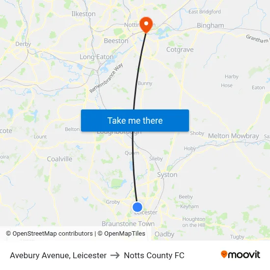 Avebury Avenue, Leicester to Notts County FC map