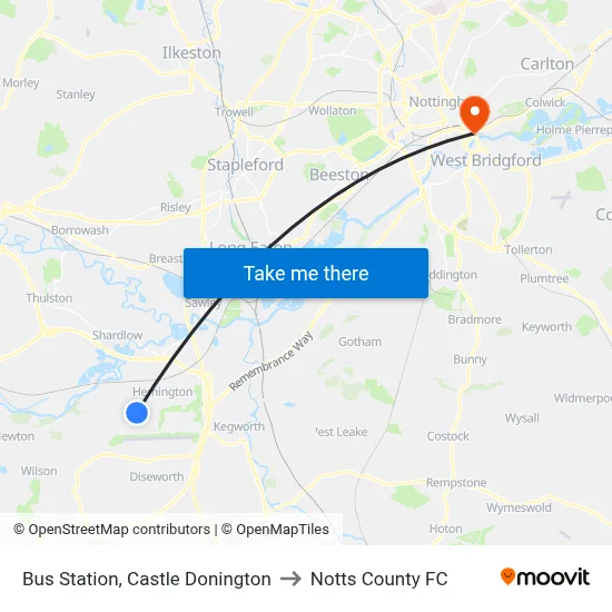 Bus Station, Castle Donington to Notts County FC map