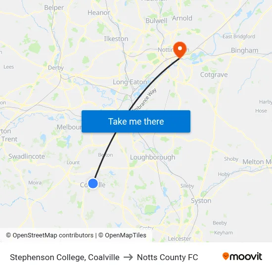 Stephenson College, Coalville to Notts County FC map