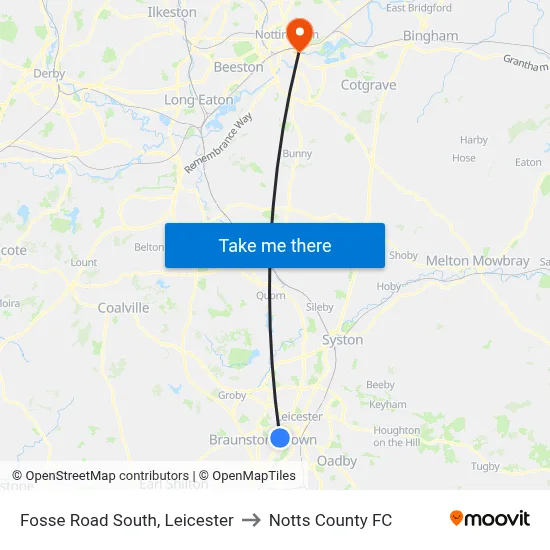 Fosse Road South, Leicester to Notts County FC map