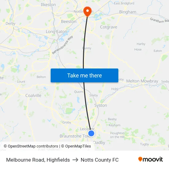 Melbourne Road, Highfields to Notts County FC map