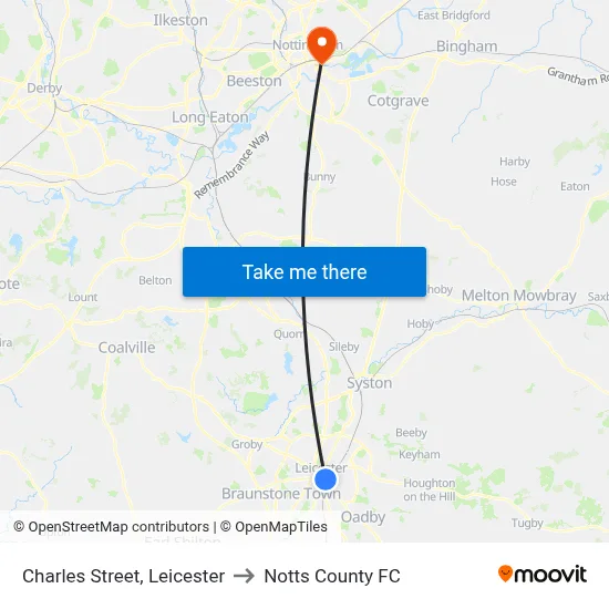 Charles Street, Leicester to Notts County FC map