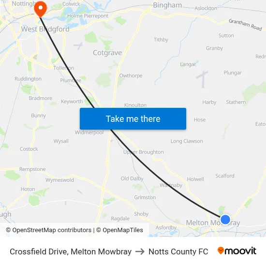 Crossfield Drive, Melton Mowbray to Notts County FC map