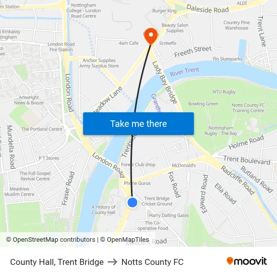 County Hall, Trent Bridge to Notts County FC map