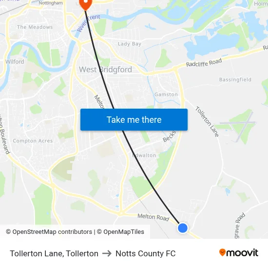 Tollerton Lane, Tollerton to Notts County FC map