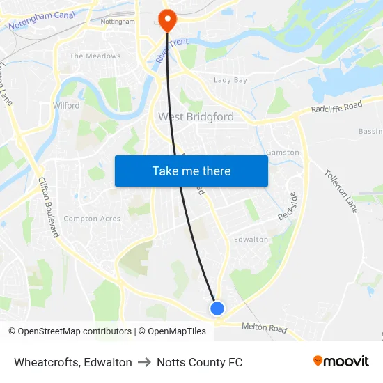 Wheatcrofts, Edwalton to Notts County FC map