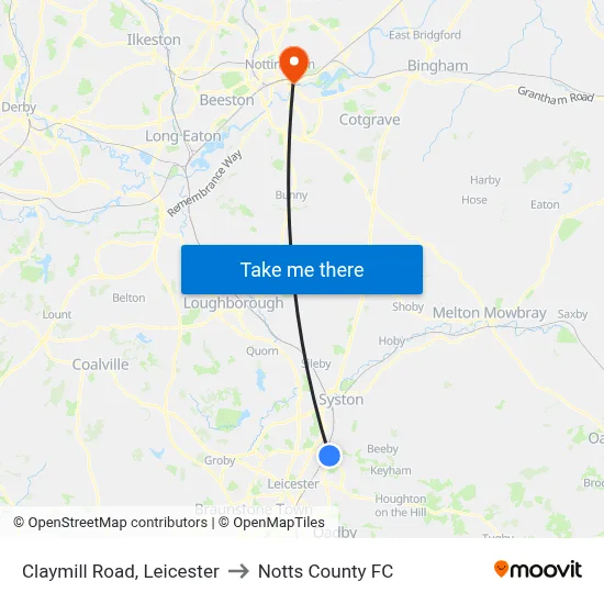 Claymill Road, Leicester to Notts County FC map