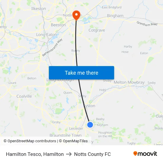 Hamilton Tesco, Hamilton to Notts County FC map