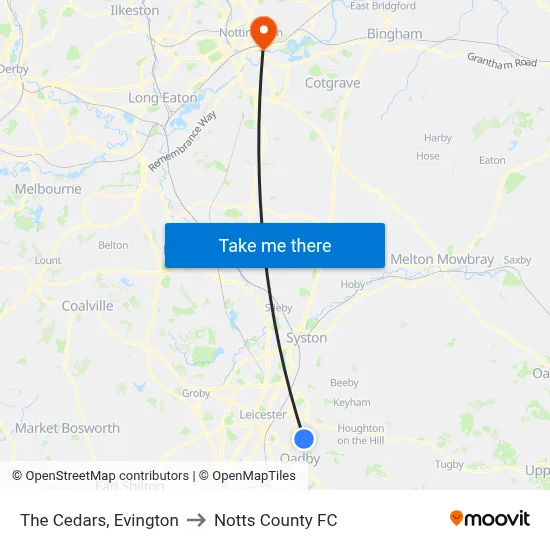 The Cedars, Evington to Notts County FC map